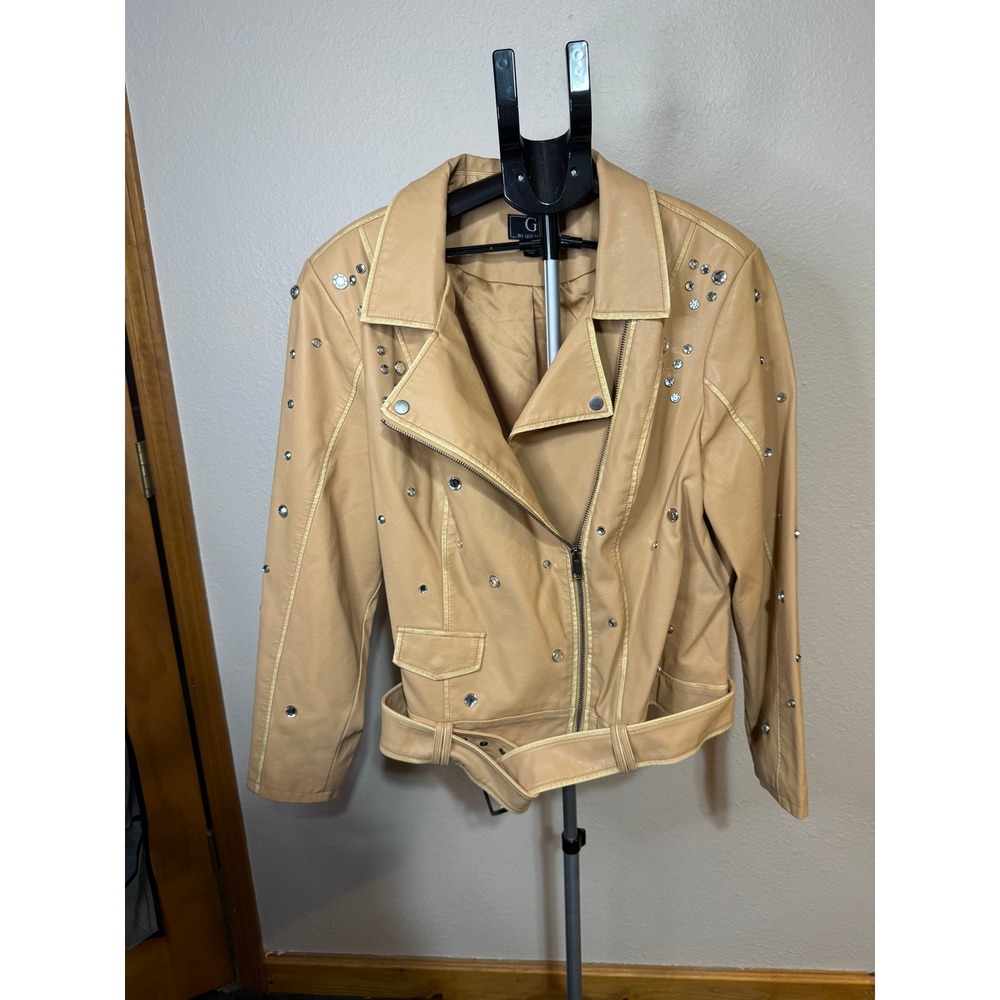 G by Giuliana Tan Faux Leather Rhinestone Studded Moto Jacket 2X Womens